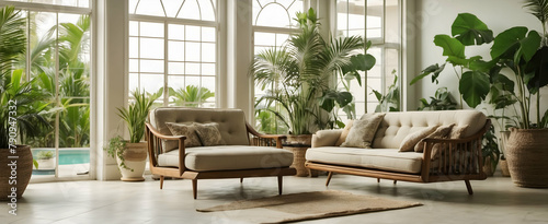 Minimal Vintage Living Room with Antique Furnishings and Conservatory with Tropical Plants in Realistic Interior Design - Nature Photo Stock Concept