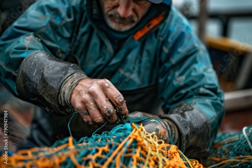 Fishermen mending their nets on shore, Intimate view of a fisherman's hands working on a colorful net, teal jacket splattered with the remnants of the sea.