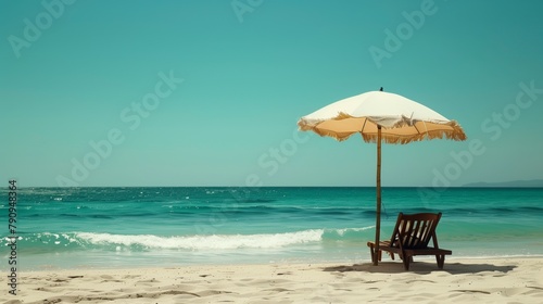 Verano en la playa, descanso, una tumbona y una sombrilla photo