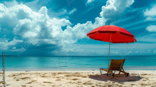 Verano en la playa, descanso, una tumbona y una sombrilla photo