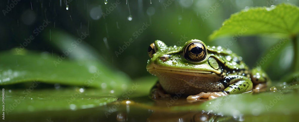 Wildlife Sanctuary: Close-up of Frog under Raindrop-covered Leaf - Ideal for Conservation Themes and Rainy Season Stock Photography