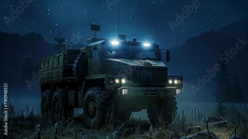 Night photo of army Off-road truck with headlights. photo