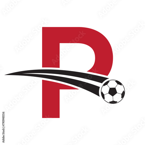 Football Logo On Letter P Concept With Moving Football Symbol. Soccer Sign