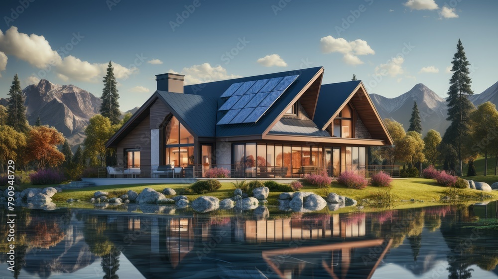 Modern lakeside house with solar panels on the roof