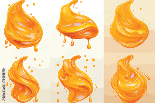  juice splash with peaches on white background. Horizontal pattern splashes and fruit. The right and left sides of the illustration seamlessly fit together. Realistic vector illustration.