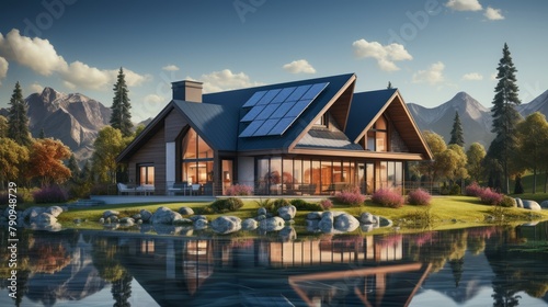 Modern lakeside house with solar panels on the roof © charunwit