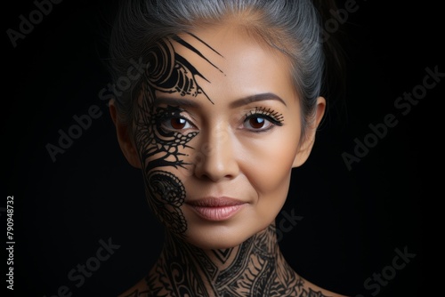 Portrait of an Asian woman with half of her face covered in a black tattoo