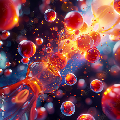 Conceptual thermodynamics illustration, 3D vector showing molecules in motion, energy transfer and heat dynamics in a visually engaging style photo