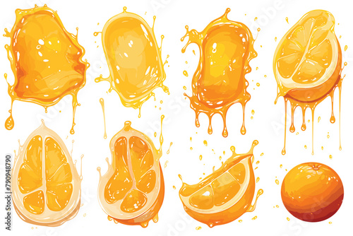  juice splash with peaches on white background. Horizontal pattern splashes and fruit. The right and left sides of the illustration seamlessly fit together. Realistic vector illustration.