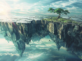 Visualization of a rift causing a surreal landscape transformation, 3D vector illustration with contrasting natural and digital elements