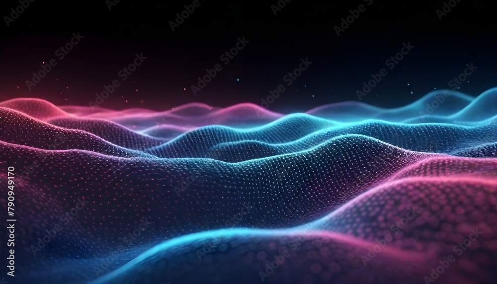 Abstract digital landscape with flowing particles. Cyber or technology background. Abstract dots. Digital particles floating wave form in the abyss abstract cyber technology de-focus background