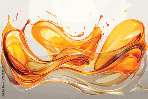  juice splash with peaches on white background. Horizontal pattern splashes and fruit. The right and left sides of the illustration seamlessly fit together. Realistic vector illustration.