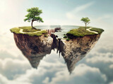 Visualization of a rift causing a surreal landscape transformation, 3D vector illustration with contrasting natural and digital elements