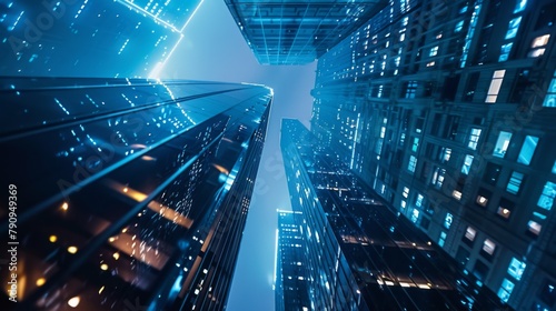 A dynamic shot of a skyscraper with pulsating LED lights, showcasing the futuristic architecture and technological innovation of modern cities. #790949369