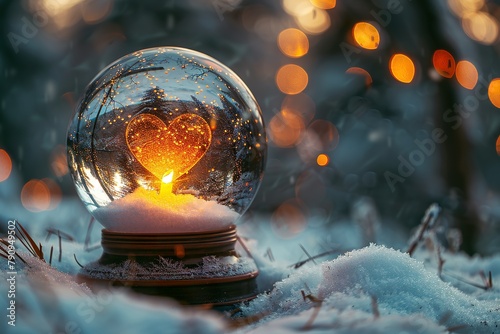 Snowglobe with glowing heart in cold winter forest with copy space