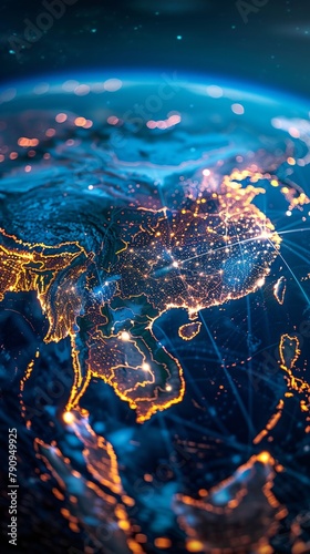 Digital globe pulsing with data streams focusing on South East Asia as a hub of futuristic cyber trade and connectivity photo
