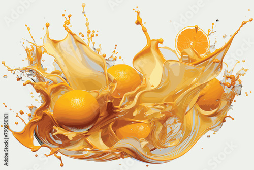  juice splash with peaches on white background. Horizontal pattern splashes and fruit. The right and left sides of the illustration seamlessly fit together. Realistic vector illustration.