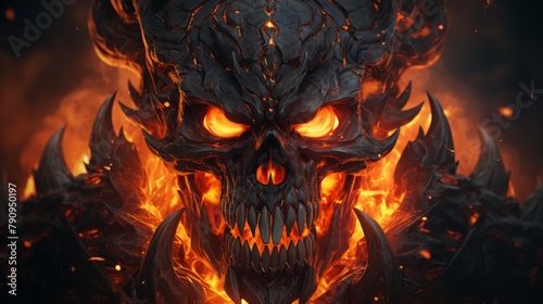 A skull made of lava with glowing yellow eyes and a fiery background photo