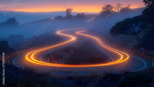 Twilight Serenade: A Symphony of Light Trails on a Misty Road. Concept Photography, Light Trails, Twilight, Misty Road, Serenade