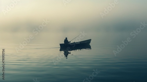 A fisherman navigating through misty morning fog, his boat slicing through calm waters.