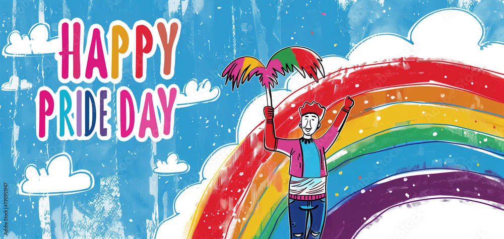 Pride Day rainbow and pride flag background with text Happy Pride Day ...