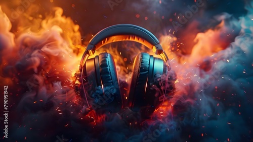 Explosive Beats: Headphones Amidst a Fiery Color Burst. Concept Music, Headphones, Fiery Colors, Explosive, Audio Technology