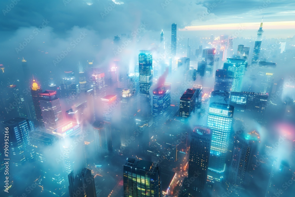 Obraz premium A high-rise view of the city with visible layers of PM 2.5 pollution, Nightfall descends on a city aglow, buildings and streets shrouded in fog, creating a scene of urban mystery.