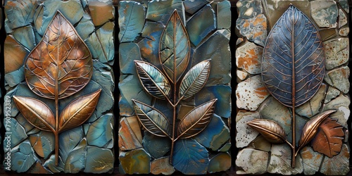 Elegant three panel wall art with marble infused with feather and ivy designs for a touch of nature in any setting