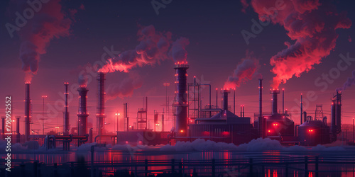 Night factory concept poster background. Night plant with pipes and towers with lights. Oil refineries and the petroleum industry. Heavy industry. Raster digital illustration photo style. AI artwork.