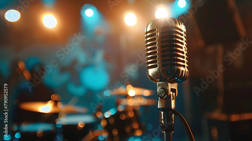 Vintage microphone on a stage with dramatic lighting, conveying a timeless musical ambiance