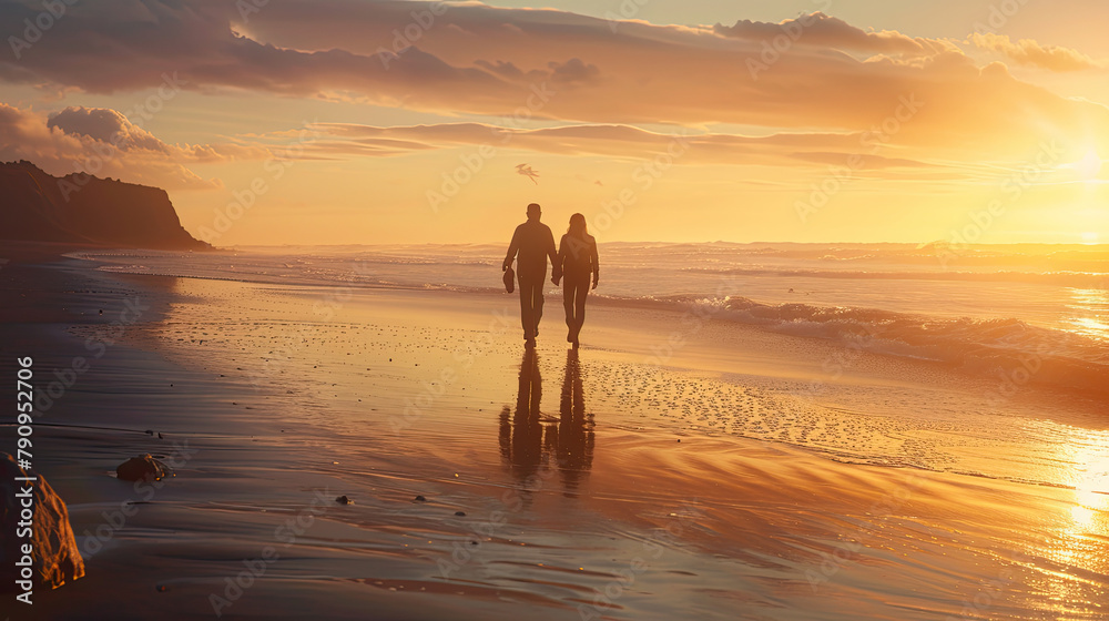 A visual metaphor of a retired couple walking hand-in-hand into the sunset on a peaceful beach, representing a well-planned retirement
