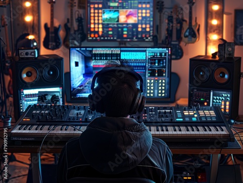 A man is sitting at a keyboard in a studio with a lot of equipment around him. He is wearing headphones and he is focused on his work. The studio is filled with musical instruments, including guitars