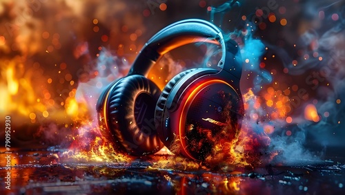 Explosive Sound: Fiery Headphone Blaze. Concept Sound Effects, Headphones, Fire, Music, Explosion photo