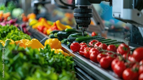 Automated robot arm sorting various colorful vegetables on a conveyor belt, emphasizing efficiency in food production photo
