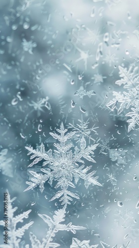 An artistic representation of snowflakes on a frozen glass, with emphasis on texture and the effect of coldness