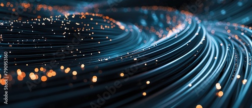 Fiber optic cables arranged in a swirl pattern on a dark background, creating a futuristic and technological aesthetic