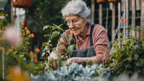 A photo of a senior woman planting in her garden, enjoying the freedom and tranquility of retirement