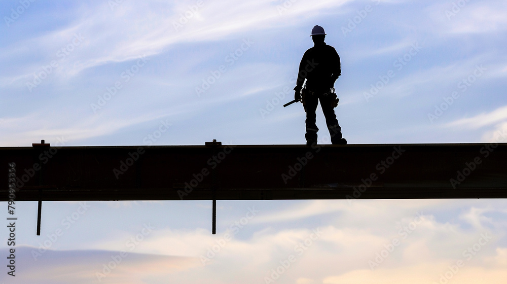 Fototapeta premium A lone silhouette of a construction worker standing atop a high beam, Futuristic , Cyberpunk