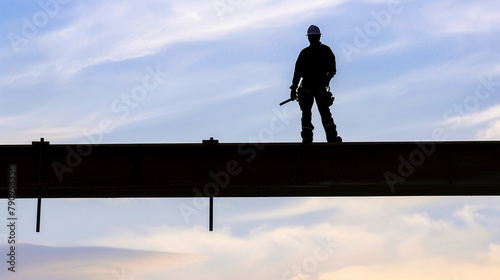 A lone silhouette of a construction worker standing atop a high beam, Futuristic , Cyberpunk