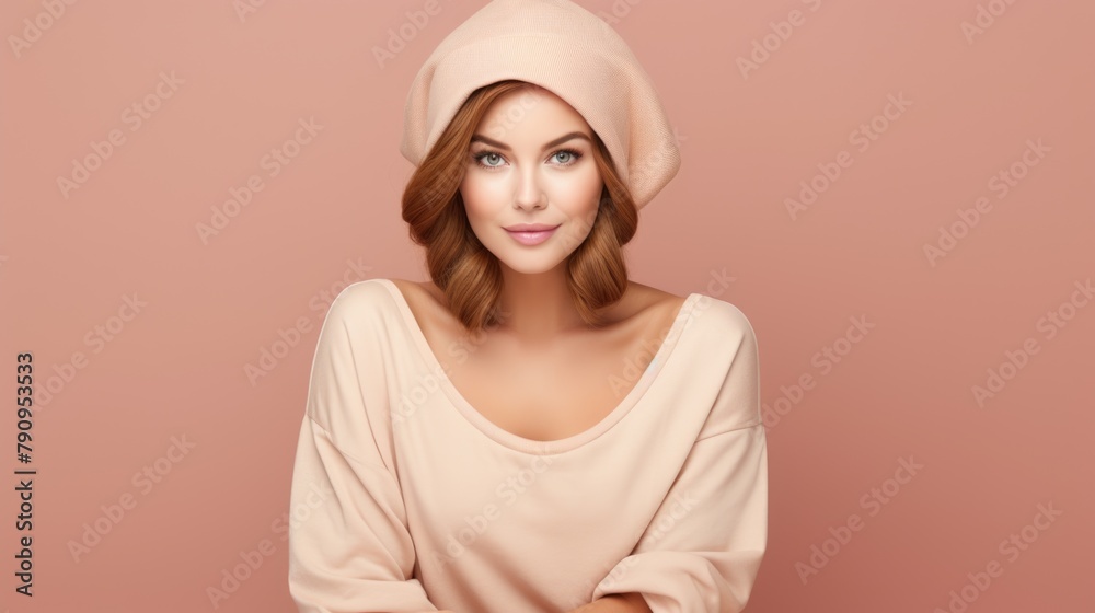 Elegant Young Woman Posing in Peach Beret and Blouse Elegant Young Woman Posing in Peach Beret and Blouse