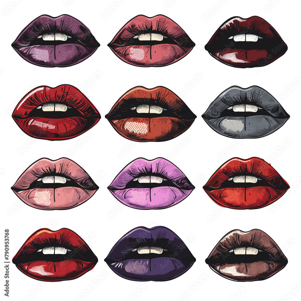 lips collection, realistic vector vintage illustration on a uniform grid
