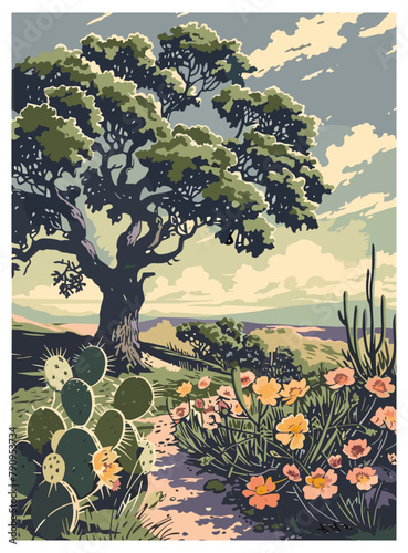 Texas hill country landscape with wildflowers and prickly around. Vector flat design poster. photo