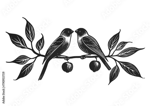 illustration of bird in love on a branch of chestnut, monochrome, black ink, vector png photo