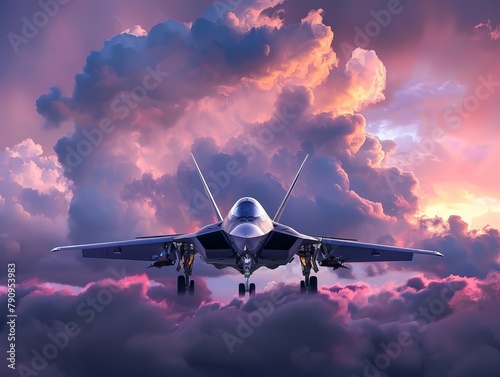 Dramatic clouds surrounding a military aircraft at dusk    , Futuristic , Cyberpunk photo
