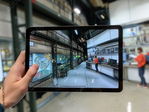 A person is holding a tablet and looking at a video game. The game is set in a warehouse with a man in an orange shirt