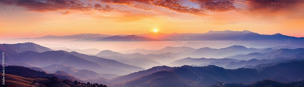 Dramatic sunrise over a serene mountain landscape, warm colors highlighting the rugged peaks and valleys, perfect for inspirational themes