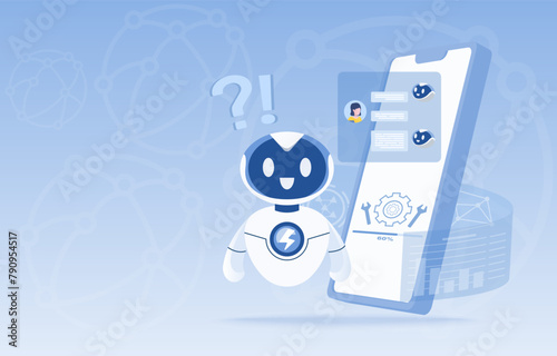 Artificial Intelligence (AI) technology concept. Data analysis, online communication, innovation, strategy planning, connection, share, exchange information. Chat, text between AI robot and human.