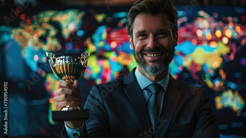 A man is holding a trophy and smiling photo
