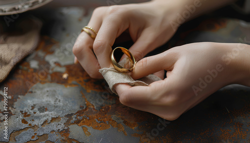 Woman polishing beautiful ring with napkin on grunge background, closeup