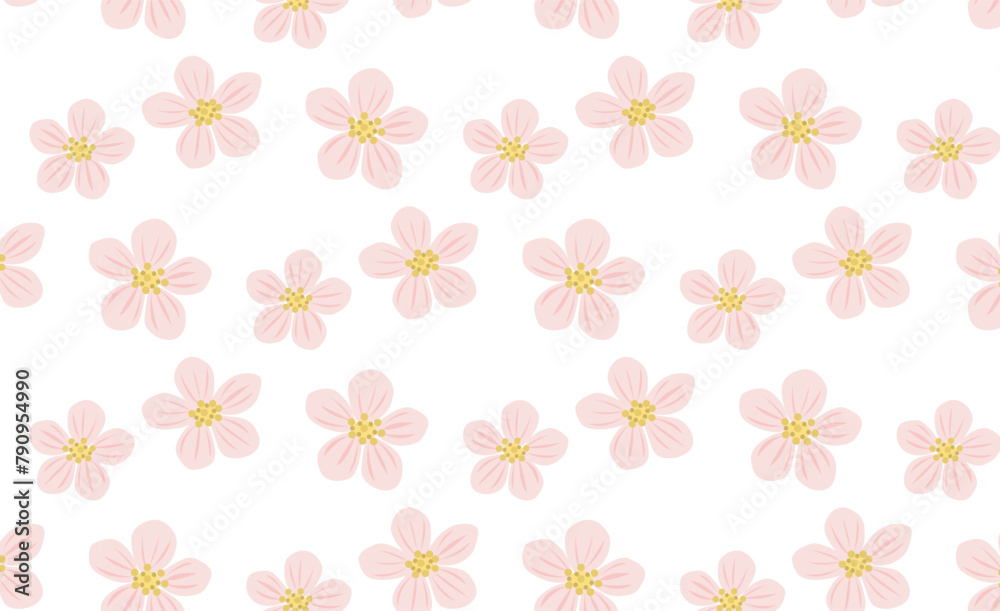 Cute floral seamless pattern with pink cherry blossoms. Botanical illustration in flat style, template for fabric, textile, gift wrapping, paper